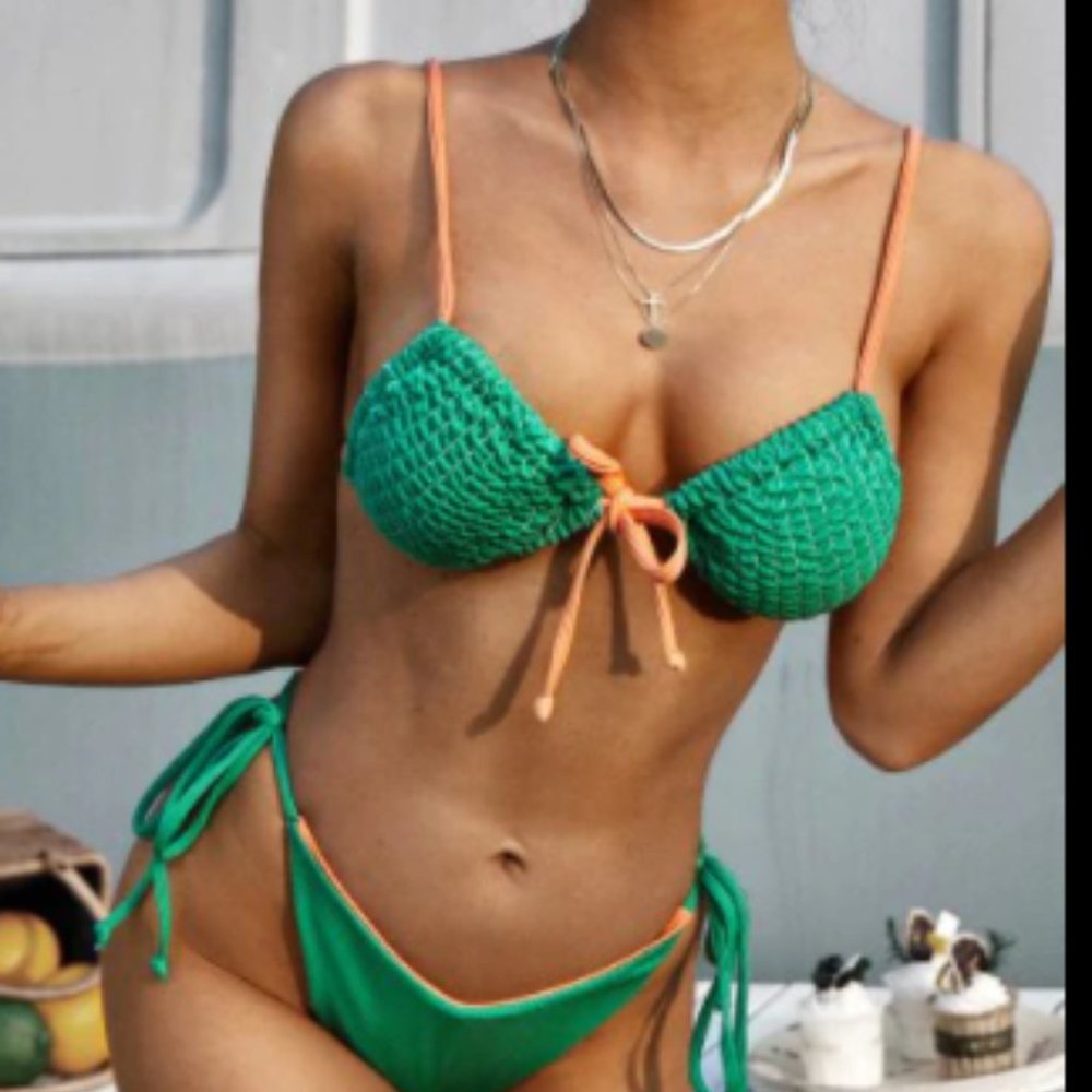 Two Tone Reversible Smocked String Bikini M